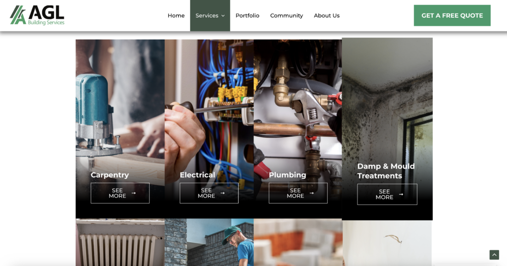 AGL Building Services services page, designed by CB Tech Consulting