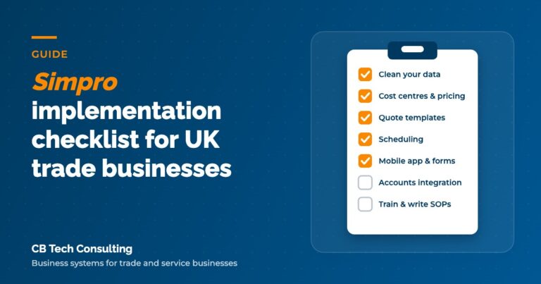 Illustration of a Simpro implementation checklist with completed steps